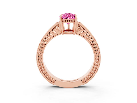 Rose gold Pear Cut Pink Sapphire Engagement Ring with Milgrain Channel Set Band and Prong Setting_27