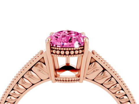 Rose gold Pear Cut Pink Sapphire Engagement Ring with Milgrain Channel Set Band and Prong Setting_28