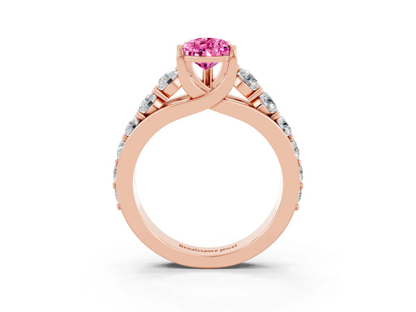 Rose gold Pear Cut Pink Sapphire Engagement Ring with Pavé Band and Four-Prong Setting