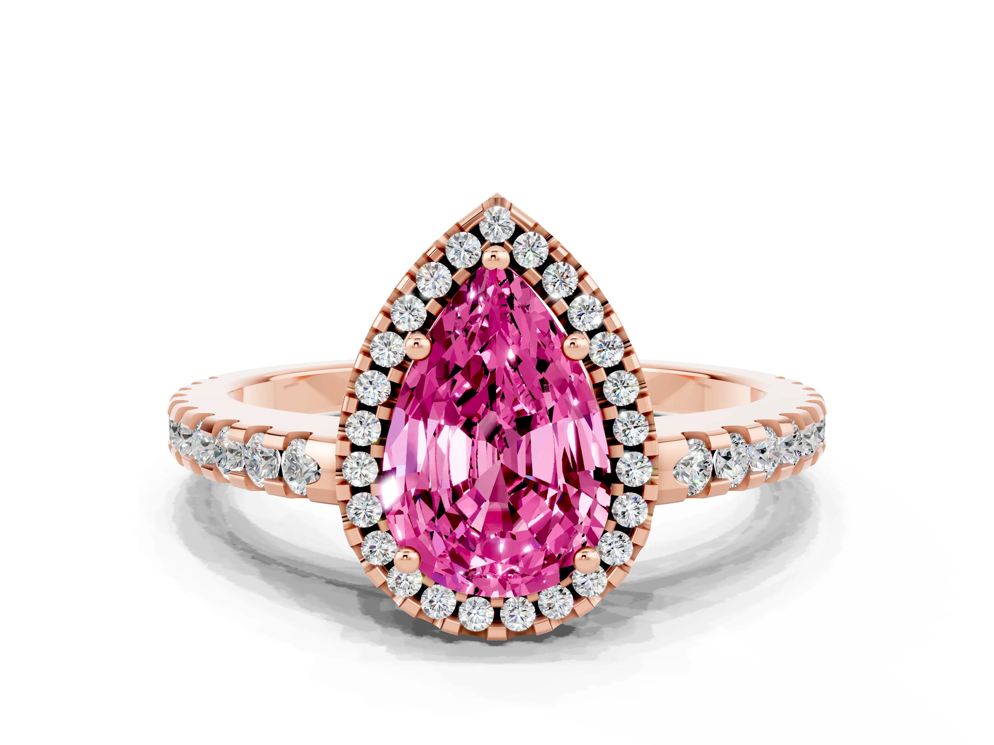 Rose gold Pear Cut Pink Sapphire Halo Engagement Ring with Pavé Band and Prong Setting_12