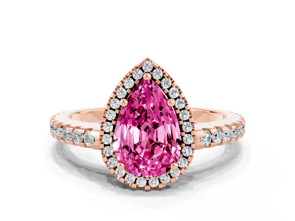 Rose gold Pear Cut Pink Sapphire Halo Engagement Ring with Pavé Band and Prong Setting