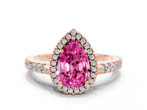 Rose gold Pear Cut Pink Sapphire Halo Engagement Ring with Pavé Band and Prong Setting_12