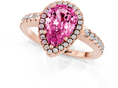 Rose gold Pear Cut Pink Sapphire Halo Engagement Ring with Pavé Band and Prong Setting_13
