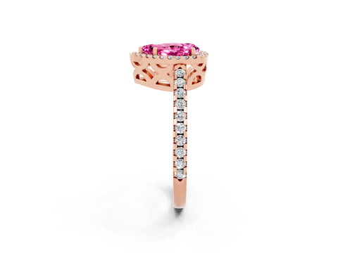 Rose gold Pear Cut Pink Sapphire Halo Engagement Ring with Pavé Band and Prong Setting_14