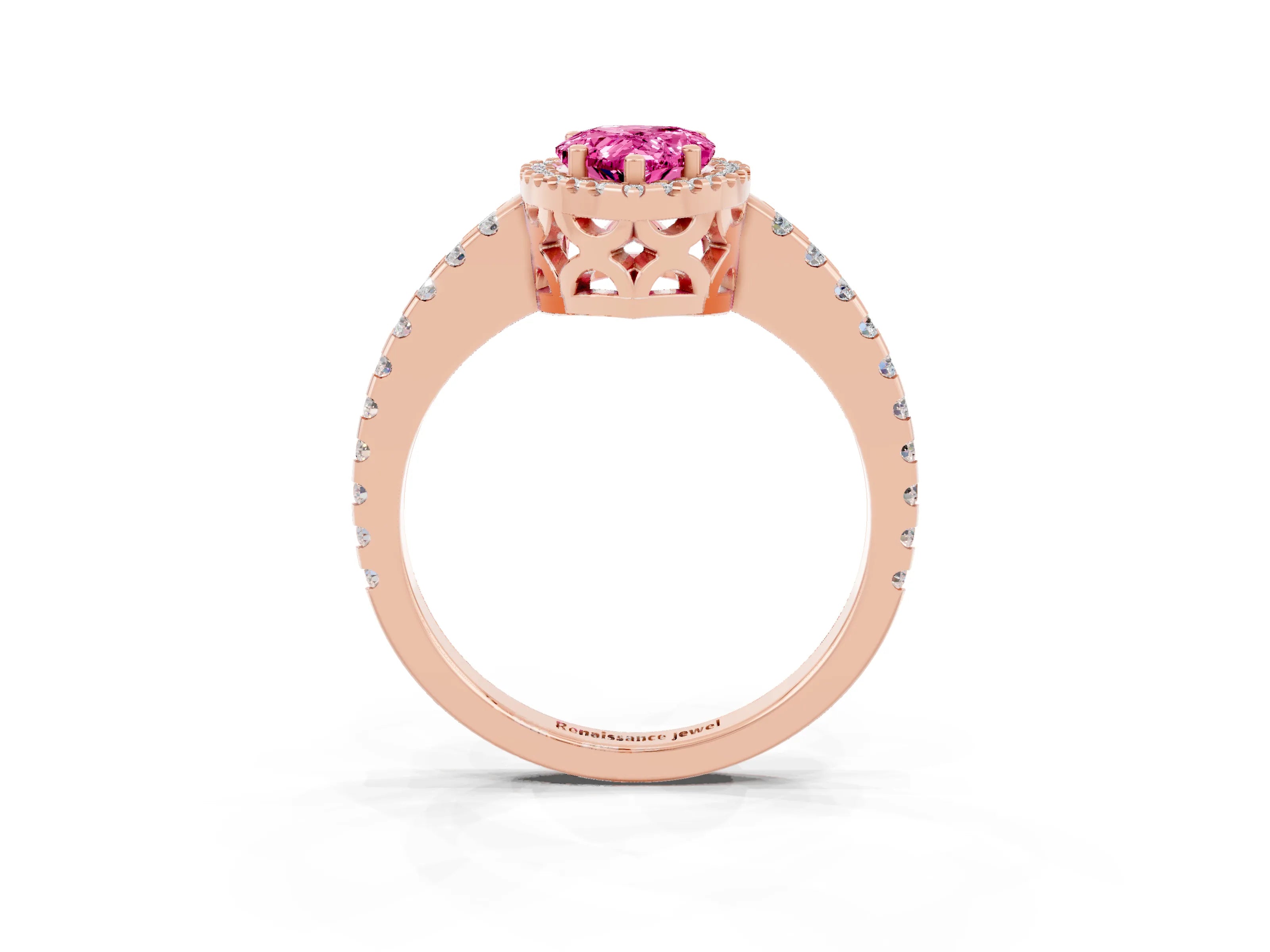 Rose gold Pear Cut Pink Sapphire Halo Engagement Ring with Pavé Band and Prong Setting_15