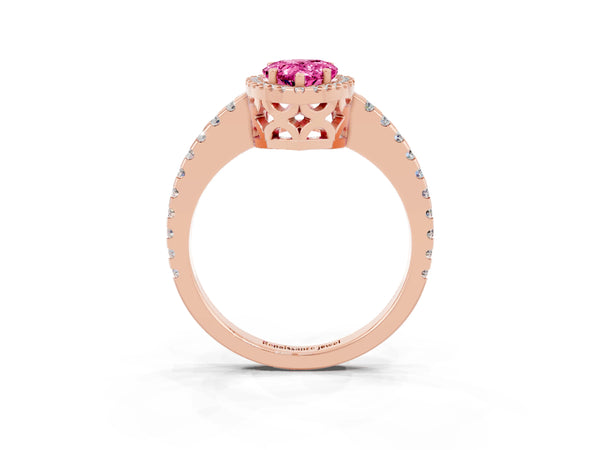 Rose gold Pear Cut Pink Sapphire Halo Engagement Ring with Pavé Band and Prong Setting