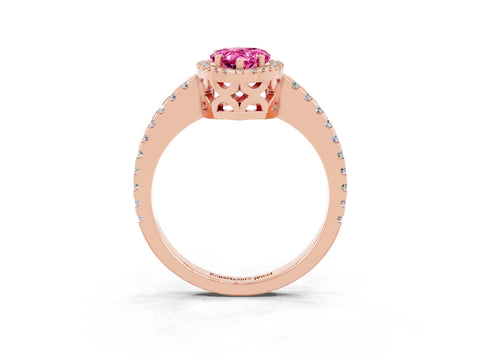 Rose gold Pear Cut Pink Sapphire Halo Engagement Ring with Pavé Band and Prong Setting_15
