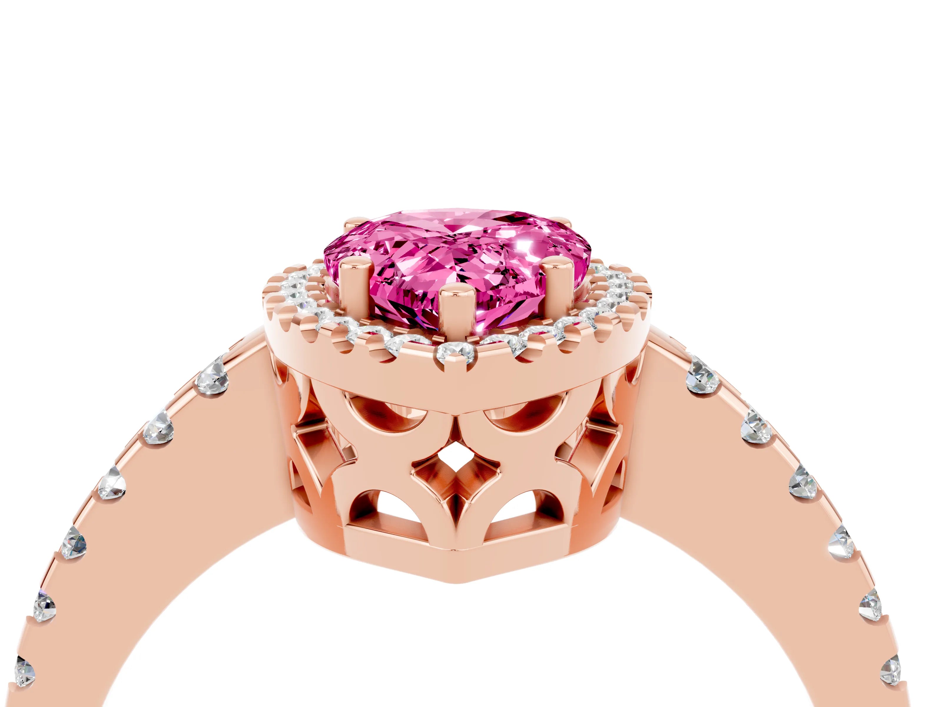 Rose gold Pear Cut Pink Sapphire Halo Engagement Ring with Pavé Band and Prong Setting_16