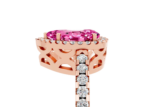 Rose gold Pear Cut Pink Sapphire Halo Engagement Ring with Pavé Band and Prong Setting_17