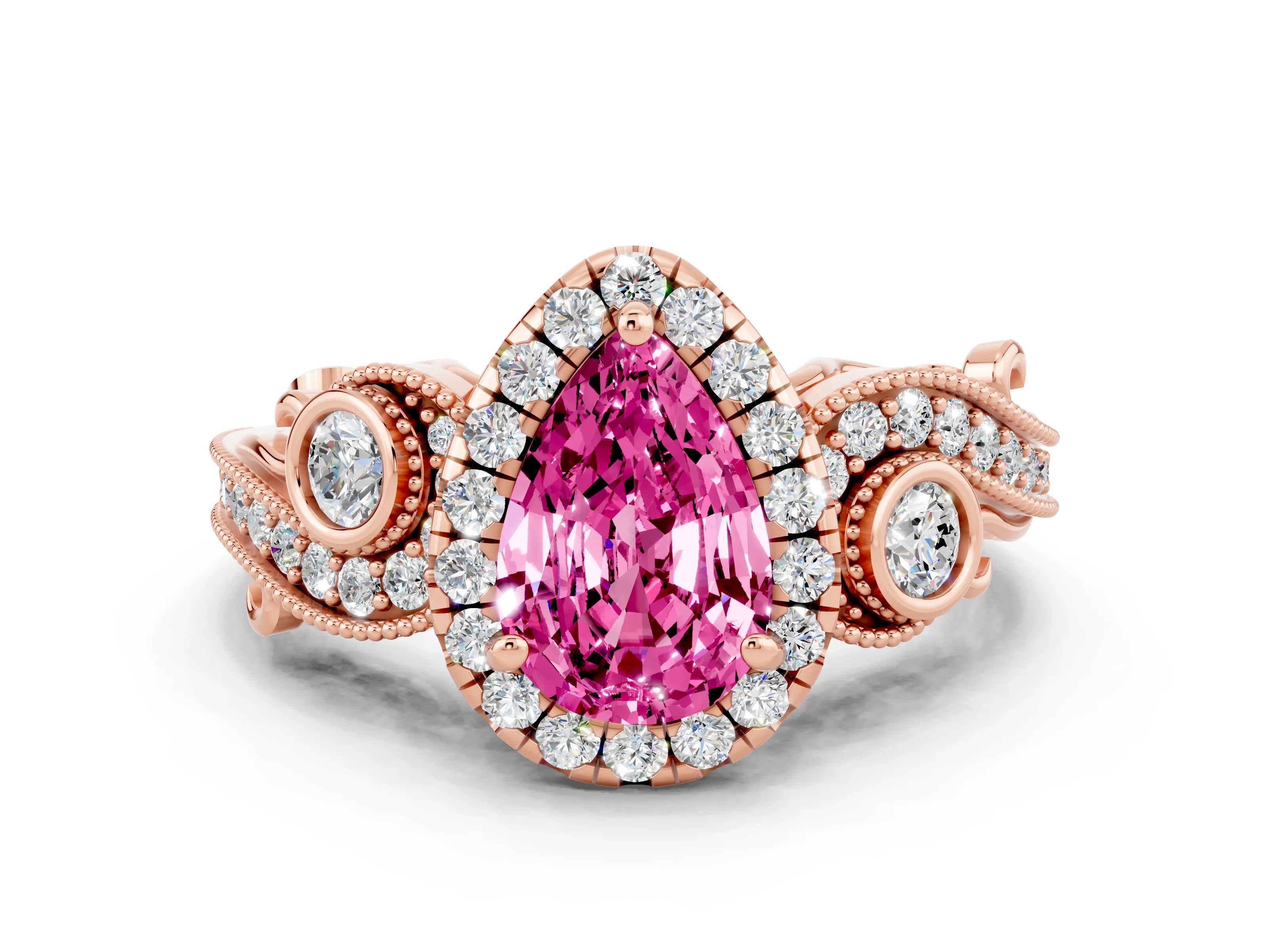 Rose gold Pear Cut Pink Sapphire Halo Ring with Milgrain Pavé Band and Four-Prong Setting_12