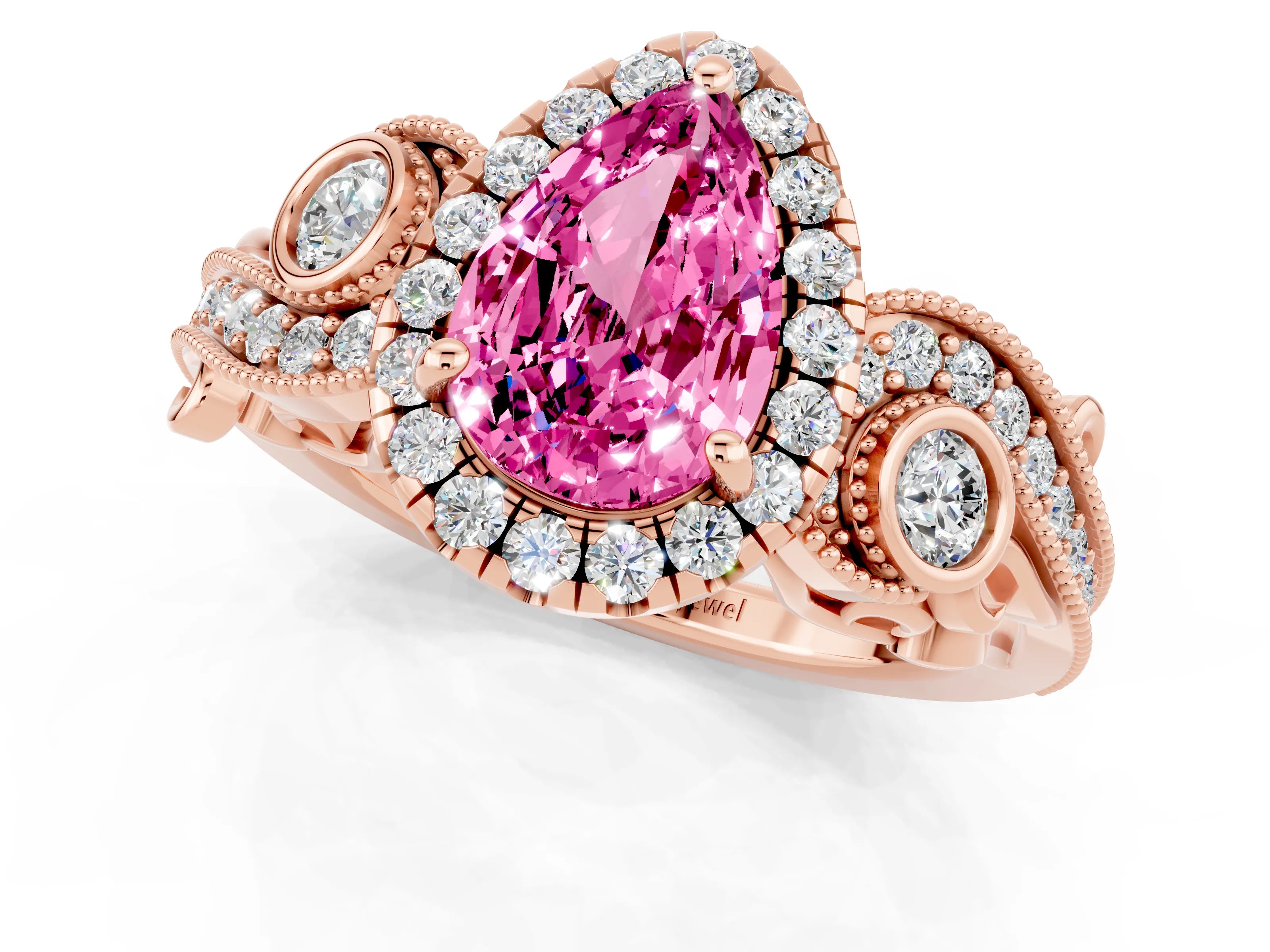 Rose gold Pear Cut Pink Sapphire Halo Ring with Milgrain Pavé Band and Four-Prong Setting_13
