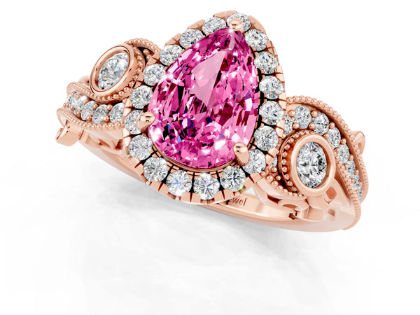 Rose gold Pear Cut Pink Sapphire Halo Ring with Milgrain Pavé Band and Four-Prong Setting