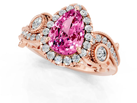 Rose gold Pear Cut Pink Sapphire Halo Ring with Milgrain Pavé Band and Four-Prong Setting_13