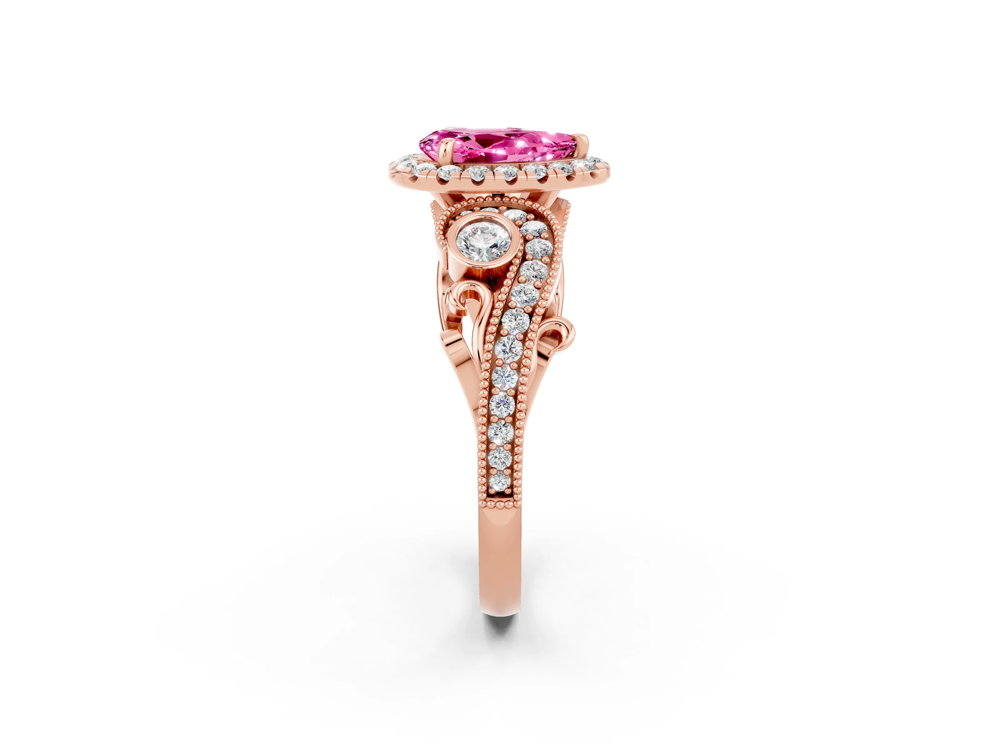 Rose gold Pear Cut Pink Sapphire Halo Ring with Milgrain Pavé Band and Four-Prong Setting_14