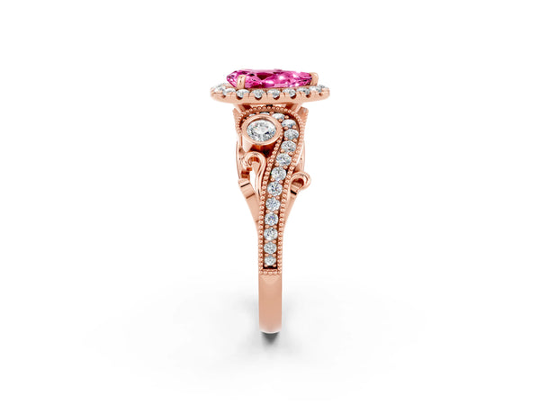 Rose gold Pear Cut Pink Sapphire Halo Ring with Milgrain Pavé Band and Four-Prong Setting