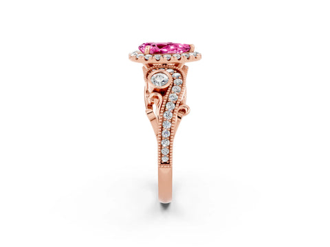 Rose gold Pear Cut Pink Sapphire Halo Ring with Milgrain Pavé Band and Four-Prong Setting_14