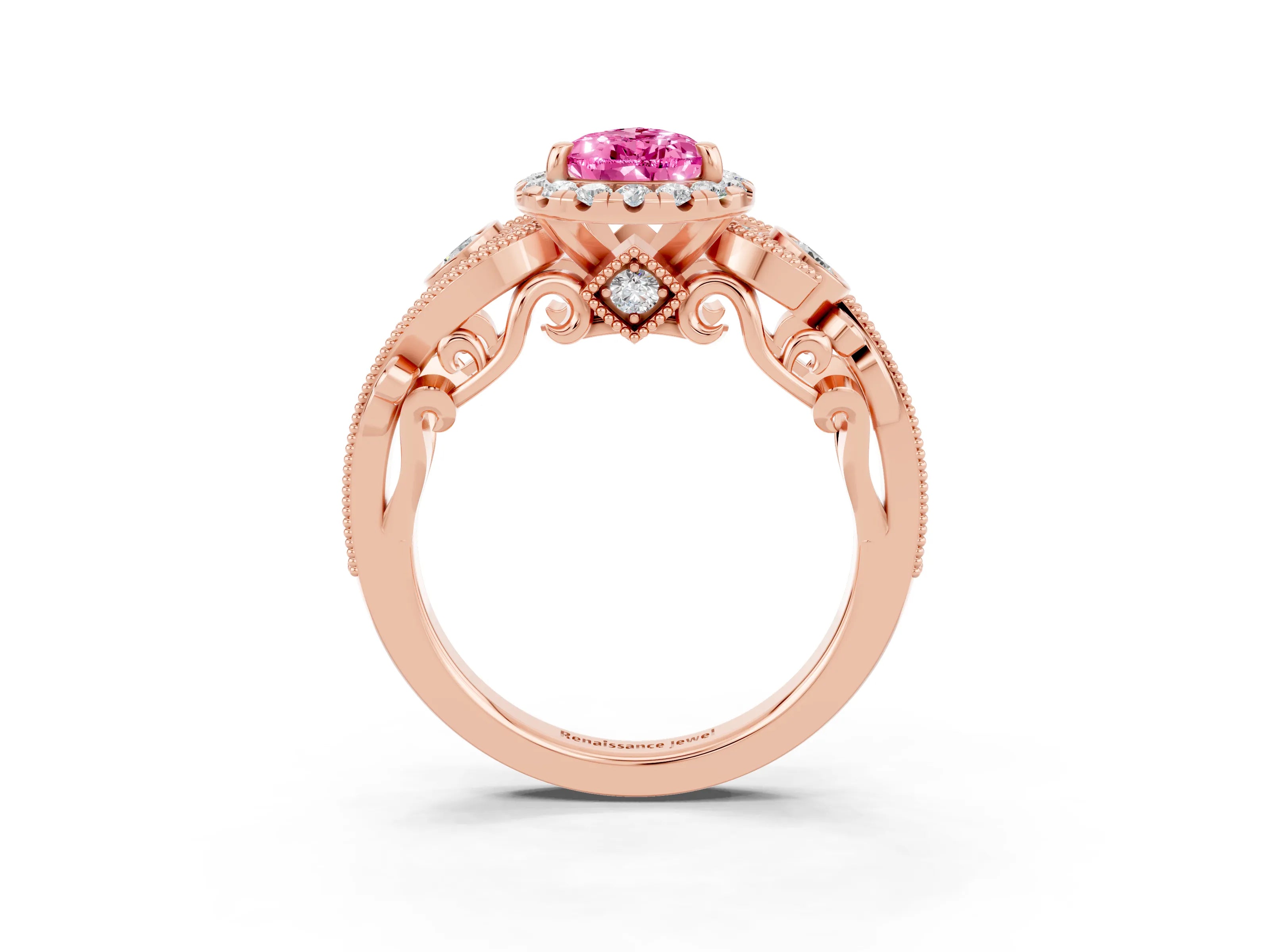 Rose gold Pear Cut Pink Sapphire Halo Ring with Milgrain Pavé Band and Four-Prong Setting_15