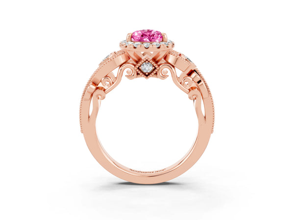 Rose gold Pear Cut Pink Sapphire Halo Ring with Milgrain Pavé Band and Four-Prong Setting