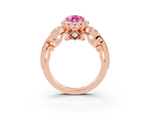 Rose gold Pear Cut Pink Sapphire Halo Ring with Milgrain Pavé Band and Four-Prong Setting_15