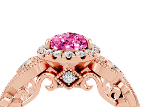 Rose gold Pear Cut Pink Sapphire Halo Ring with Milgrain Pavé Band and Four-Prong Setting_16