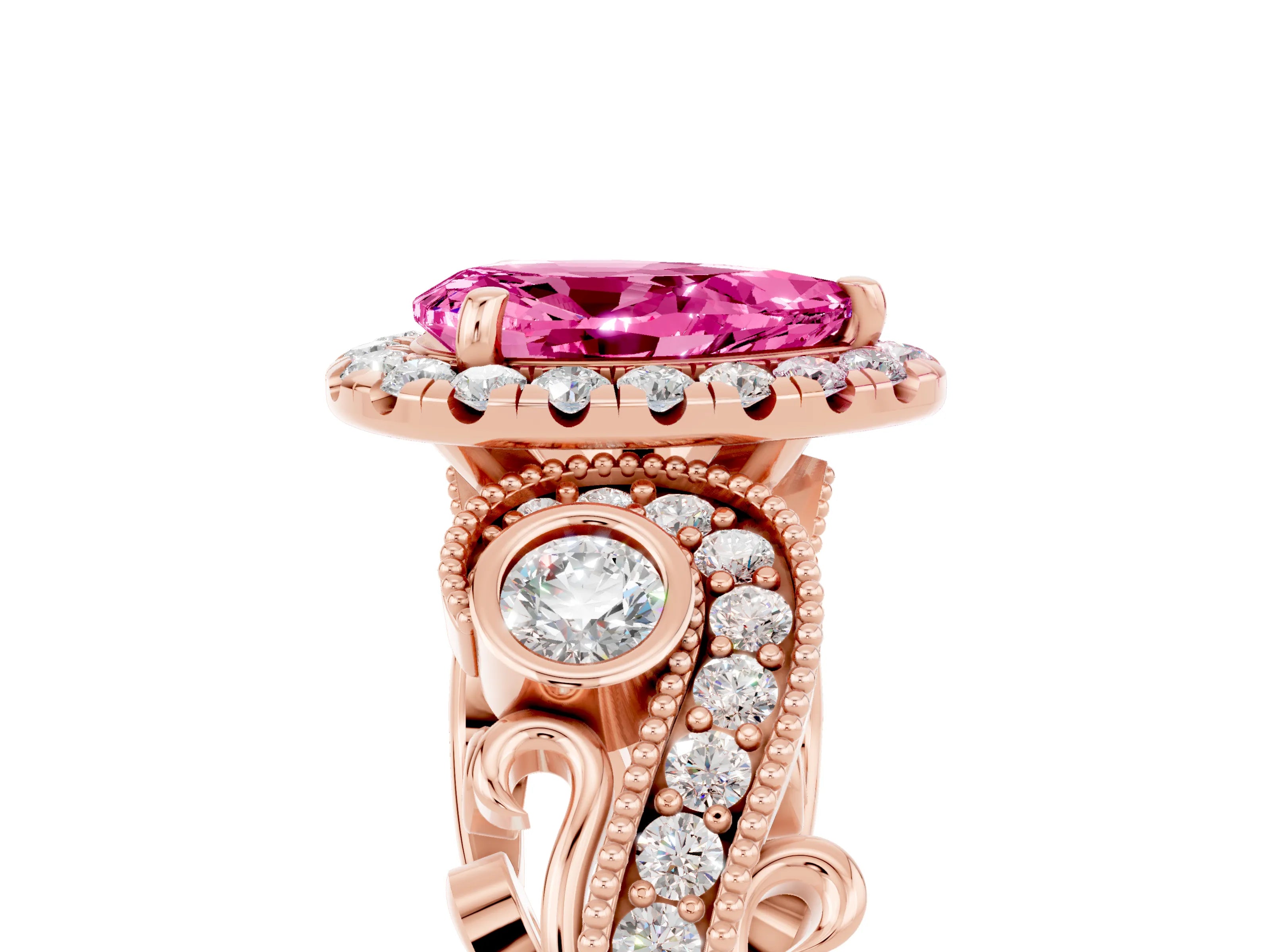 Rose gold Pear Cut Pink Sapphire Halo Ring with Milgrain Pavé Band and Four-Prong Setting_17