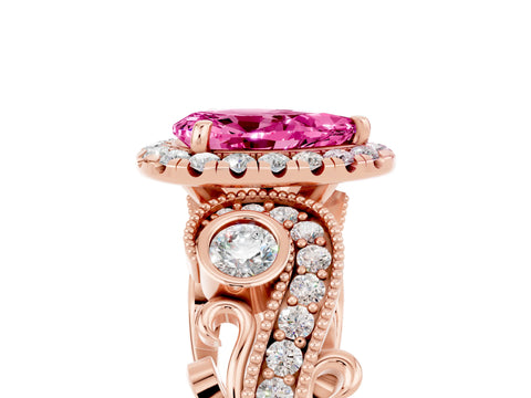 Rose gold Pear Cut Pink Sapphire Halo Ring with Milgrain Pavé Band and Four-Prong Setting_17