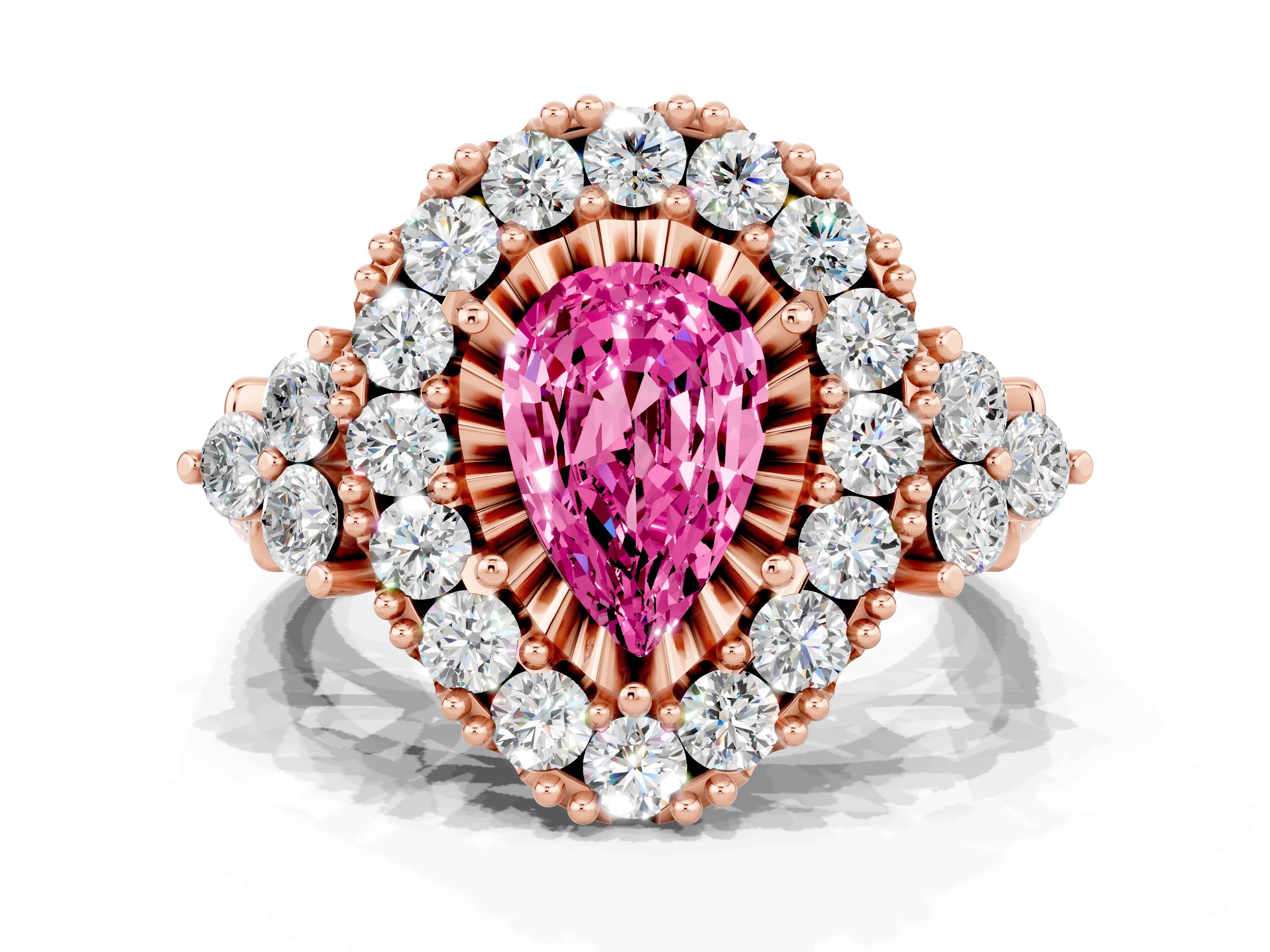 Rose gold Pear Cut Pink Sapphire Halo Ring with Pavé Band and Four-Prong Setting_12