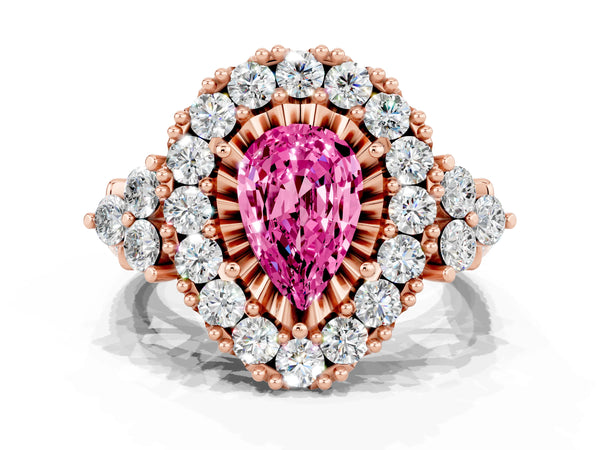 Rose gold Pear Cut Pink Sapphire Halo Ring with Pavé Band and Four-Prong Setting