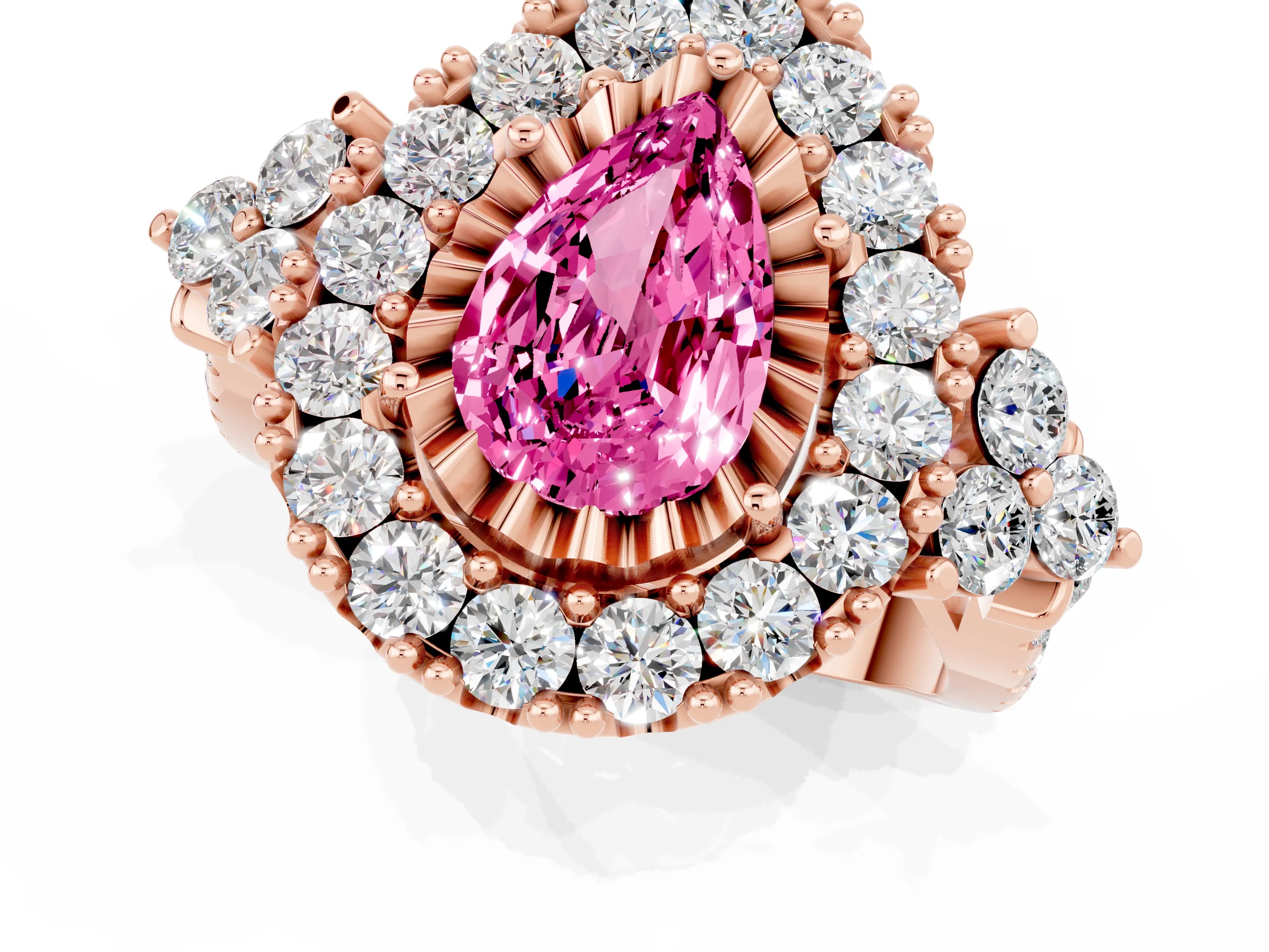 Rose gold Pear Cut Pink Sapphire Halo Ring with Pavé Band and Four-Prong Setting_13