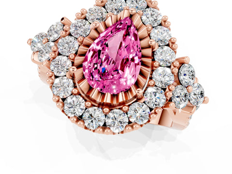 Rose gold Pear Cut Pink Sapphire Halo Ring with Pavé Band and Four-Prong Setting_13