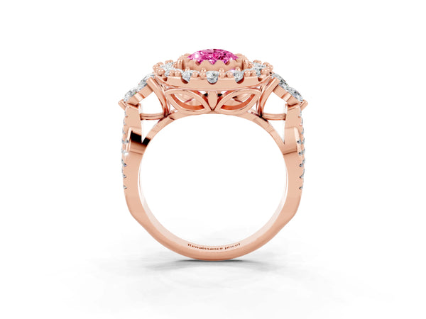 Rose gold Pear Cut Pink Sapphire Halo Ring with Pavé Band and Four-Prong Setting