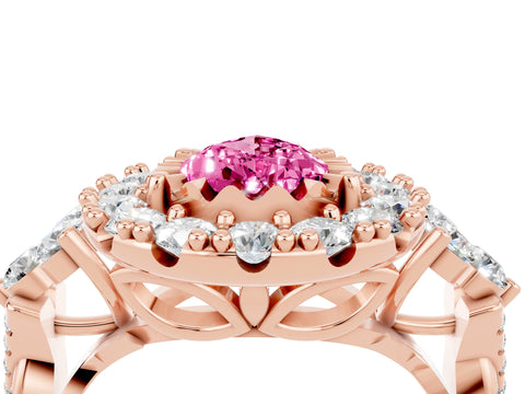 Rose gold Pear Cut Pink Sapphire Halo Ring with Pavé Band and Four-Prong Setting_16