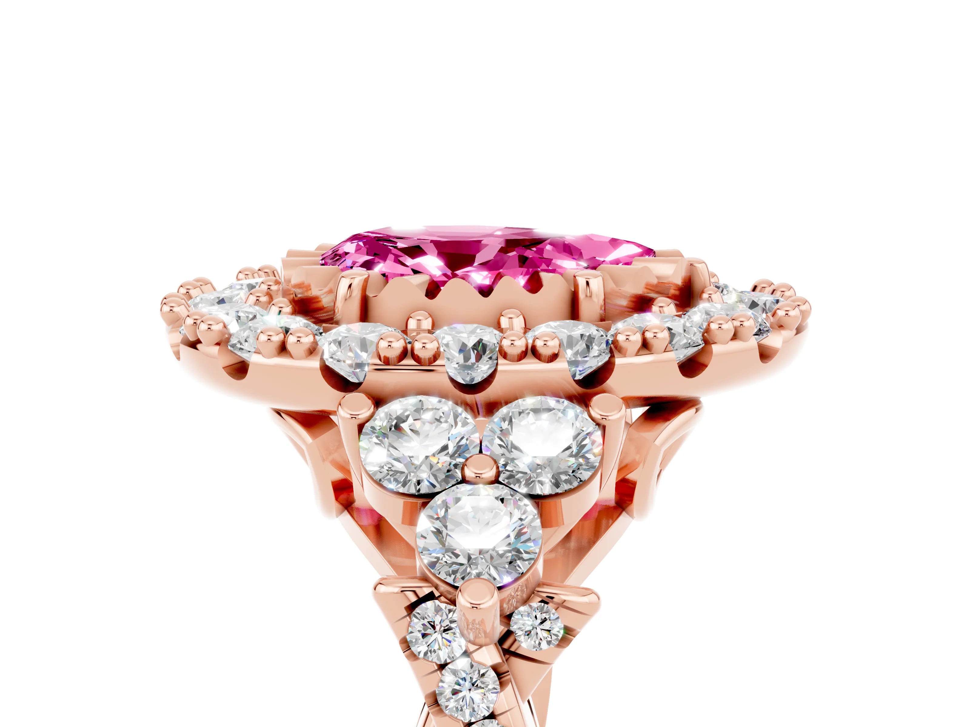 Rose gold Pear Cut Pink Sapphire Halo Ring with Pavé Band and Four-Prong Setting_17
