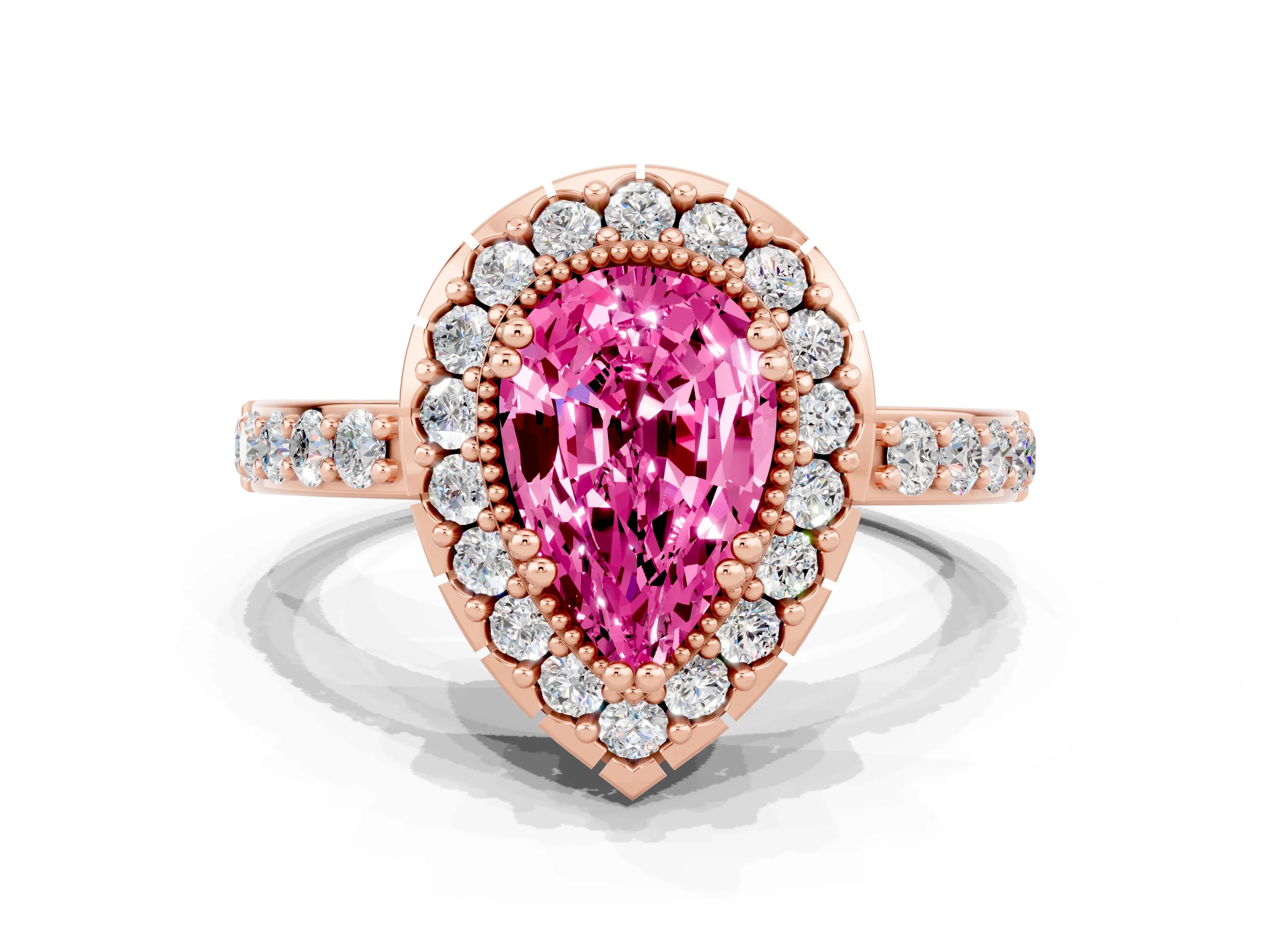 Rose gold Pear Cut Pink Sapphire Halo Ring with Pavé Band and Prong Setting