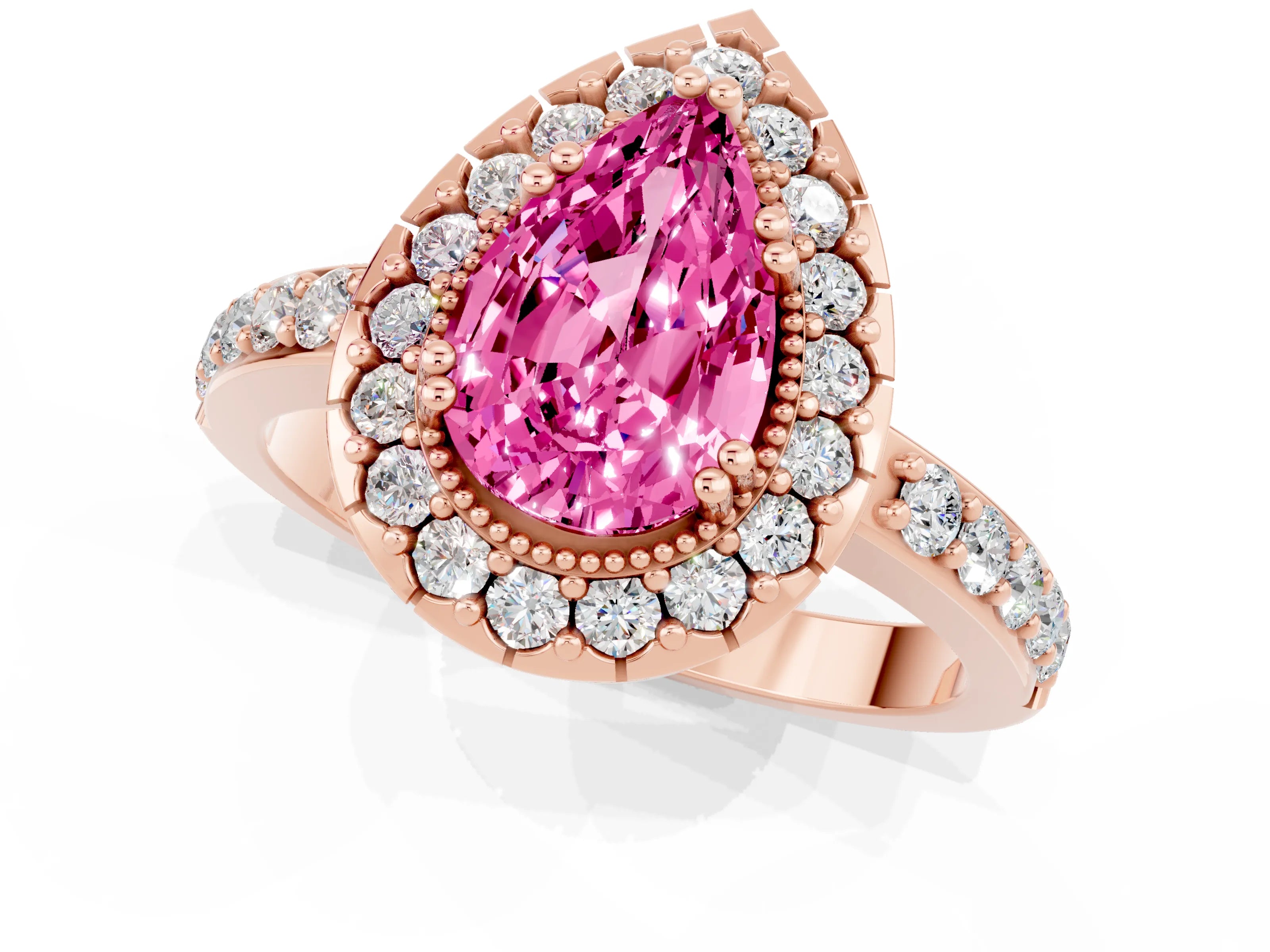 Rose gold Pear Cut Pink Sapphire Halo Ring with Pavé Band and Prong Setting_1