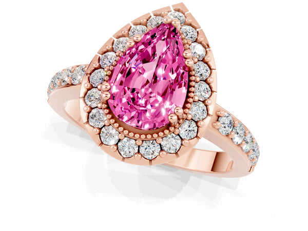 Rose Gold Pear-Shaped Lab-Grown Pink Sapphire Pierced Gallery Halo Engagement Ring