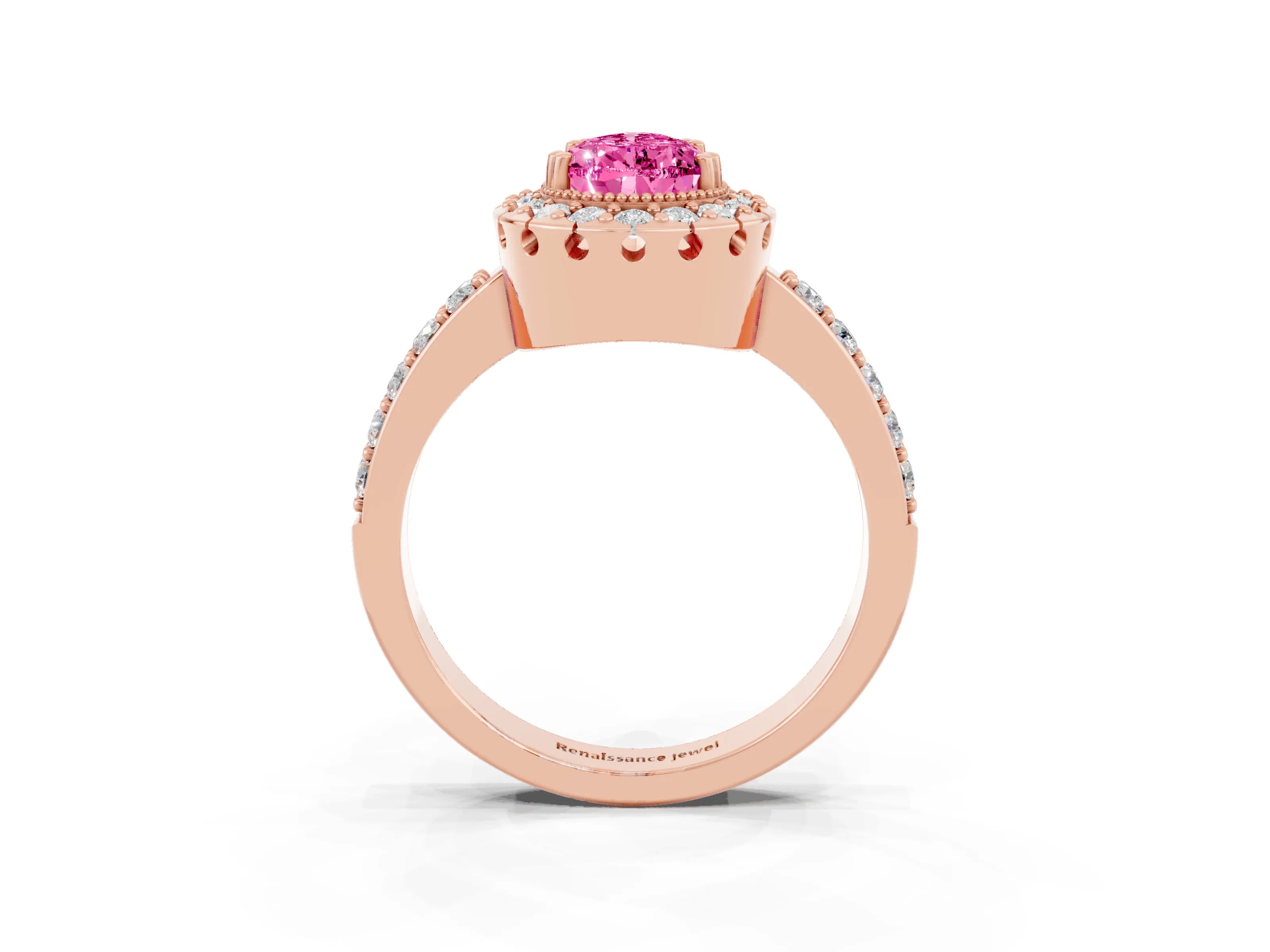 Rose gold Pear Cut Pink Sapphire Halo Ring with Pavé Band and Prong Setting_3