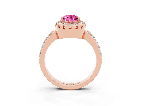 Rose Gold Pear-Shaped Lab-Grown Pink Sapphire Pierced Gallery Halo Engagement Ring