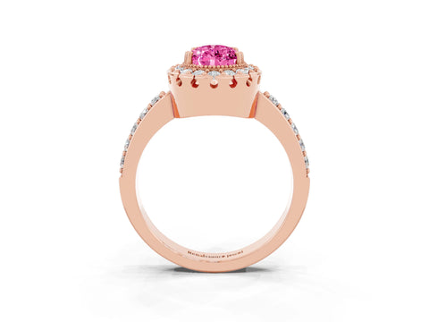 Rose gold Pear Cut Pink Sapphire Halo Ring with Pavé Band and Prong Setting_3