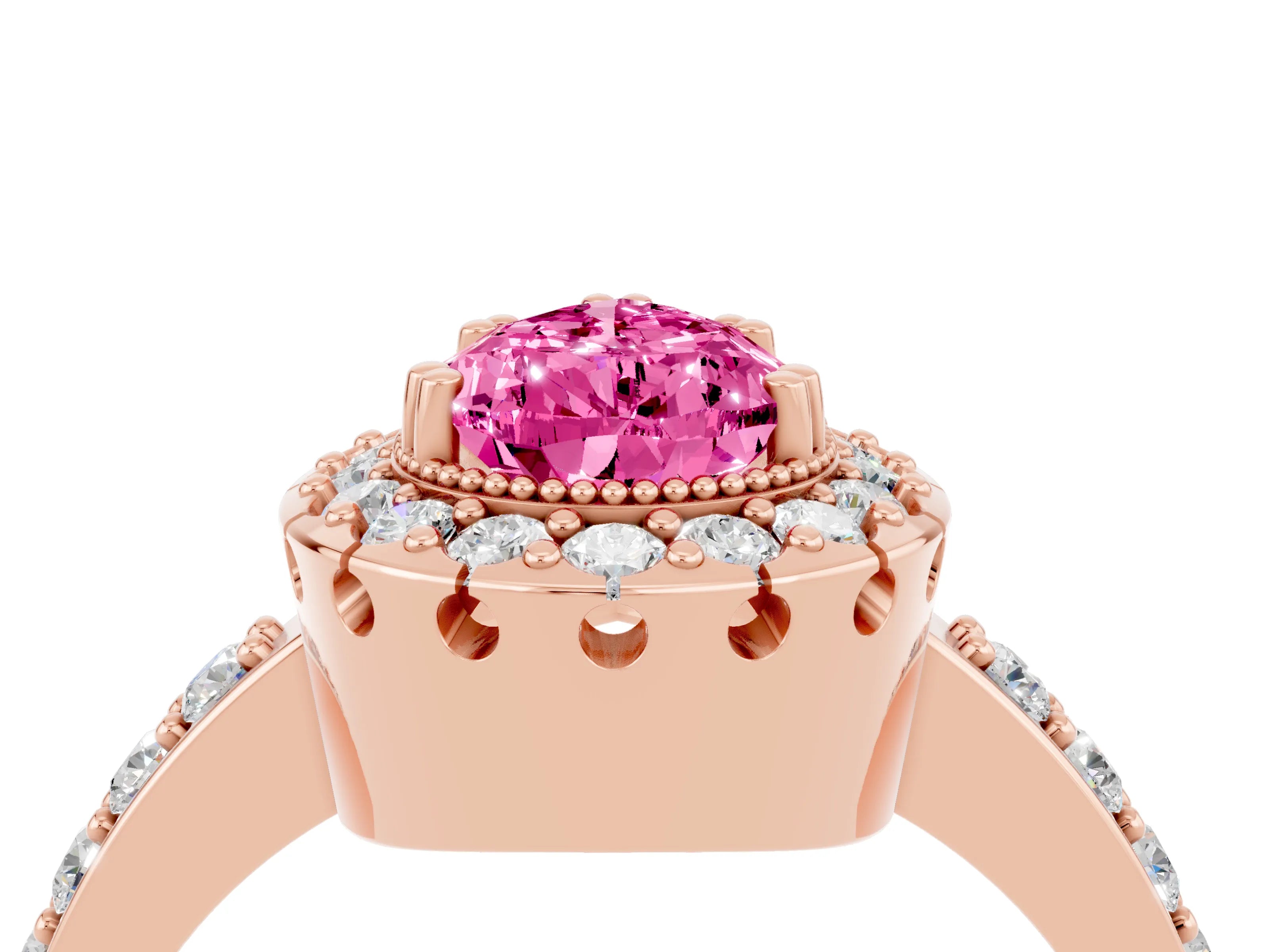 Rose gold Pear Cut Pink Sapphire Halo Ring with Pavé Band and Prong Setting_4