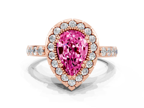 Rose gold Pear Cut Pink Sapphire Halo Ring with Pavé Band and Prong Setting