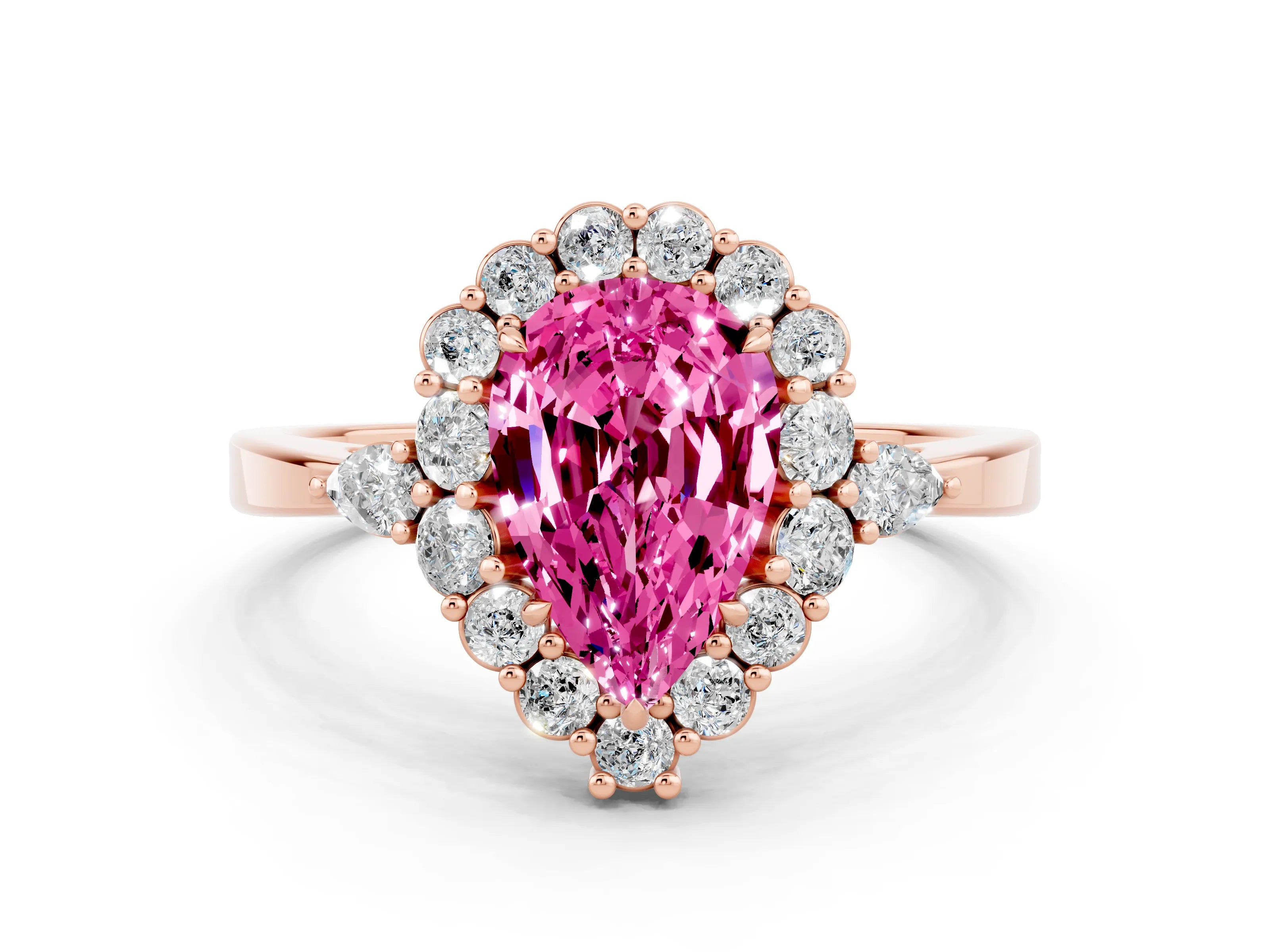 Rose gold Pear Cut Pink Sapphire Halo Ring with Pear Side Stones and Prong Setting_12