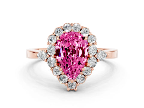 Rose gold Pear Cut Pink Sapphire Halo Ring with Pear Side Stones and Prong Setting_12