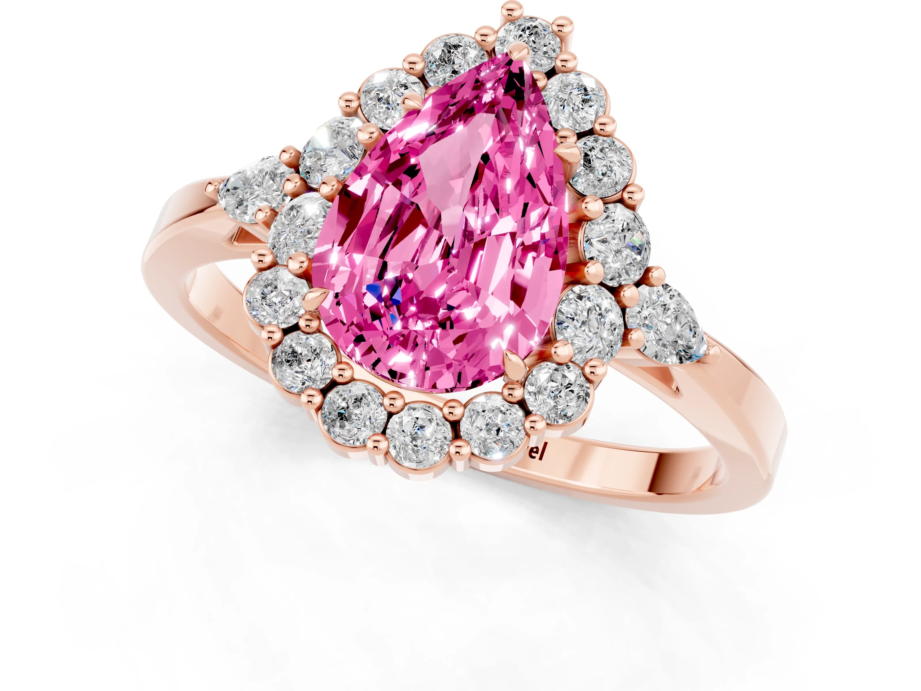 Rose gold Pear Cut Pink Sapphire Halo Ring with Pear Side Stones and Prong Setting_13