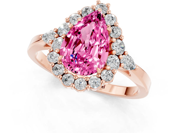 Rose gold Pear Cut Pink Sapphire Halo Ring with Pear Side Stones and Prong Setting