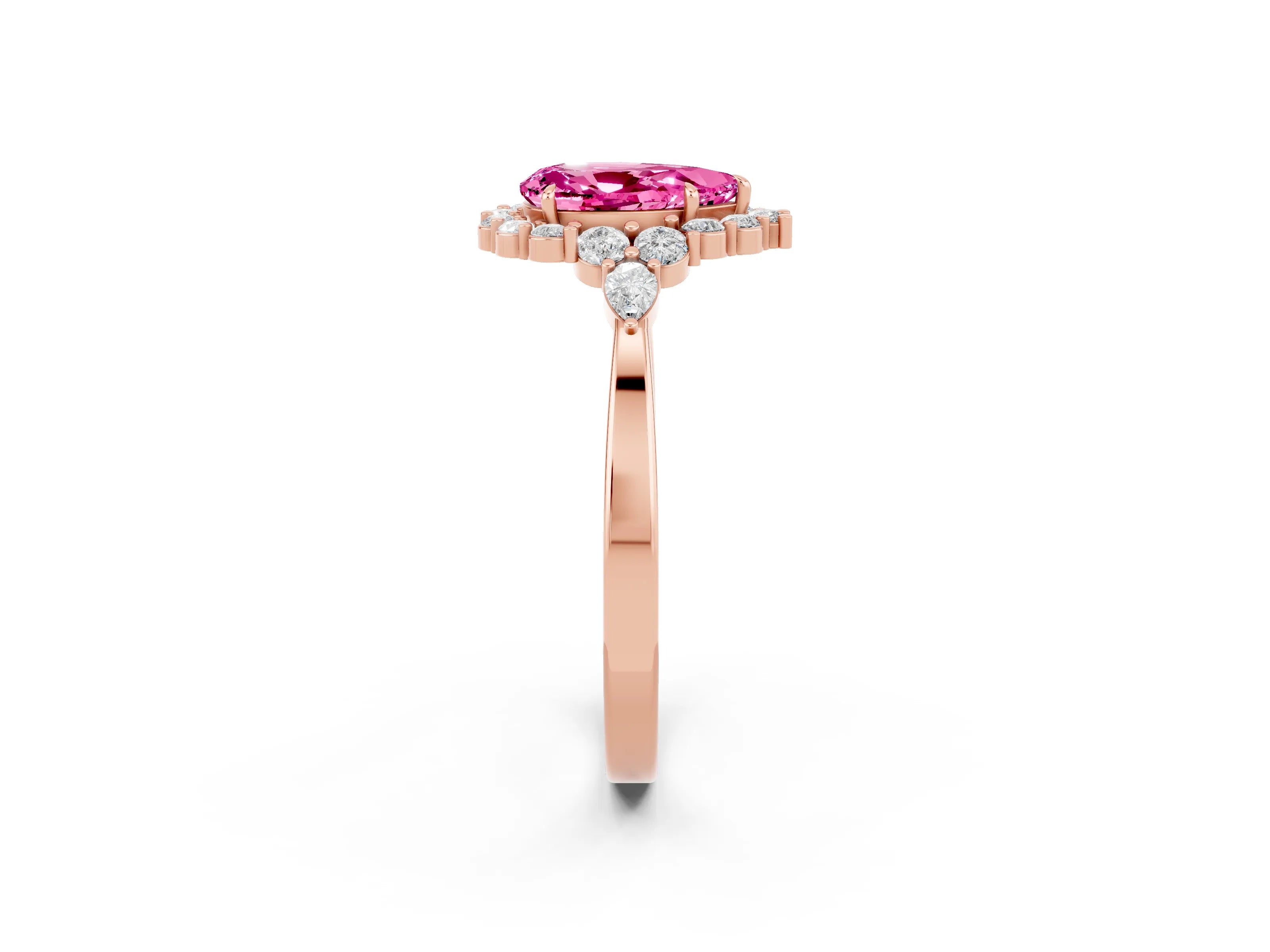 Rose gold Pear Cut Pink Sapphire Halo Ring with Pear Side Stones and Prong Setting_14