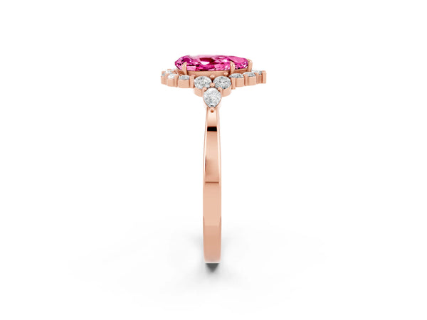 Rose gold Pear Cut Pink Sapphire Halo Ring with Pear Side Stones and Prong Setting