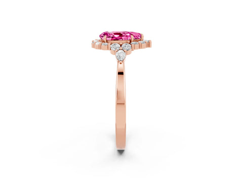 Rose gold Pear Cut Pink Sapphire Halo Ring with Pear Side Stones and Prong Setting_14