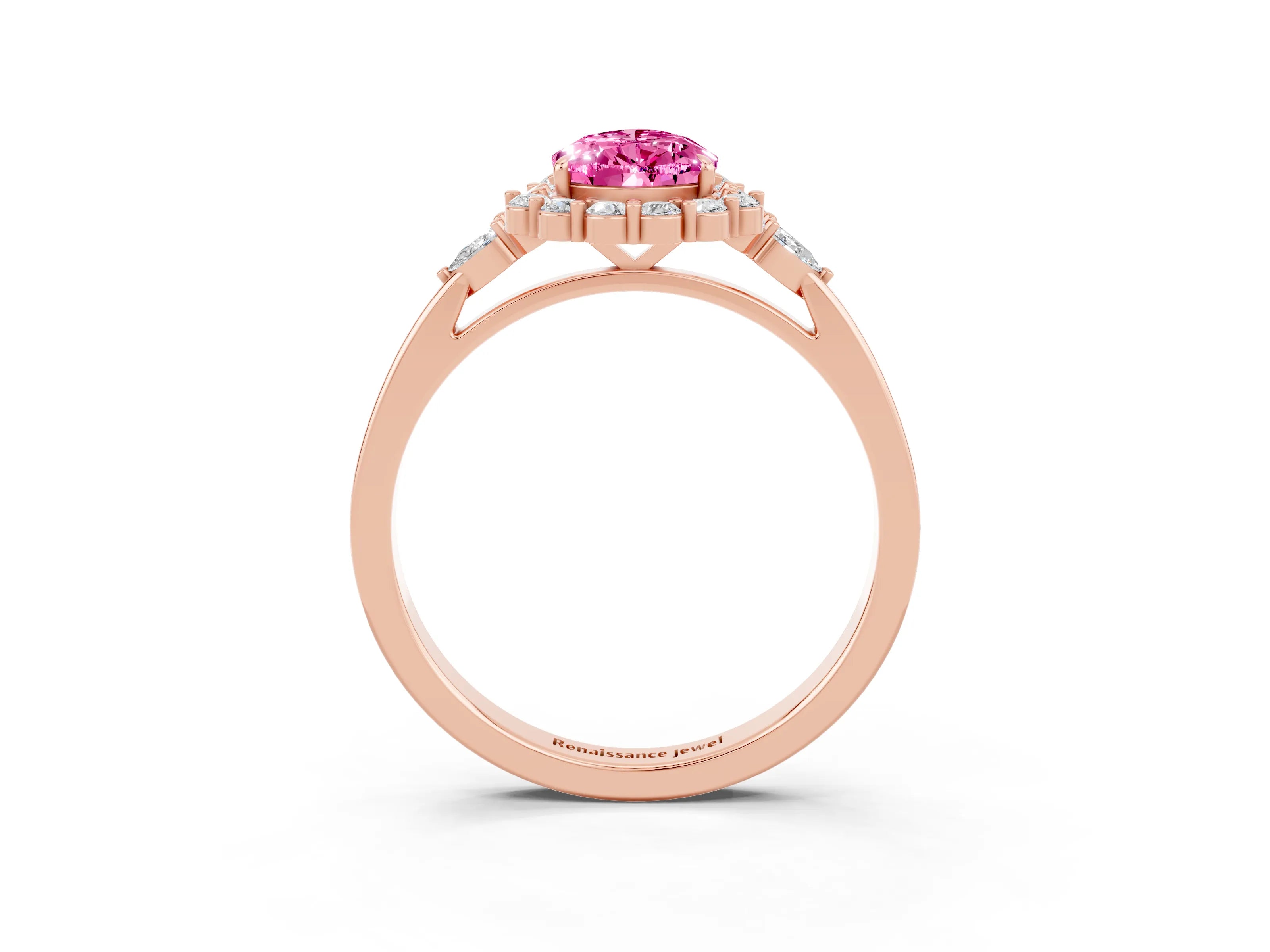 Rose gold Pear Cut Pink Sapphire Halo Ring with Pear Side Stones and Prong Setting_15