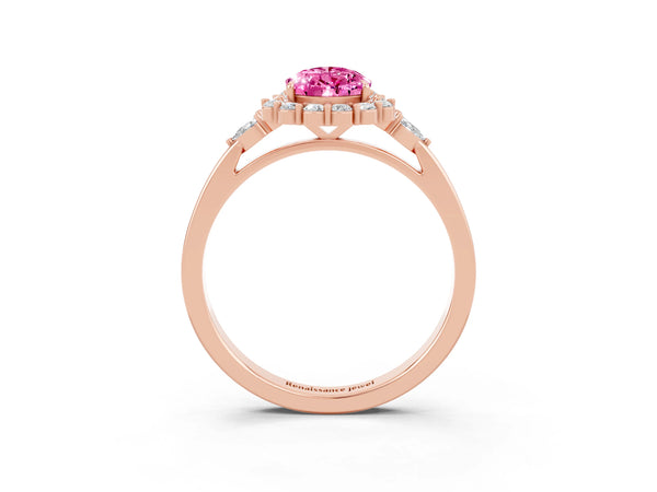 Rose gold Pear Cut Pink Sapphire Halo Ring with Pear Side Stones and Prong Setting